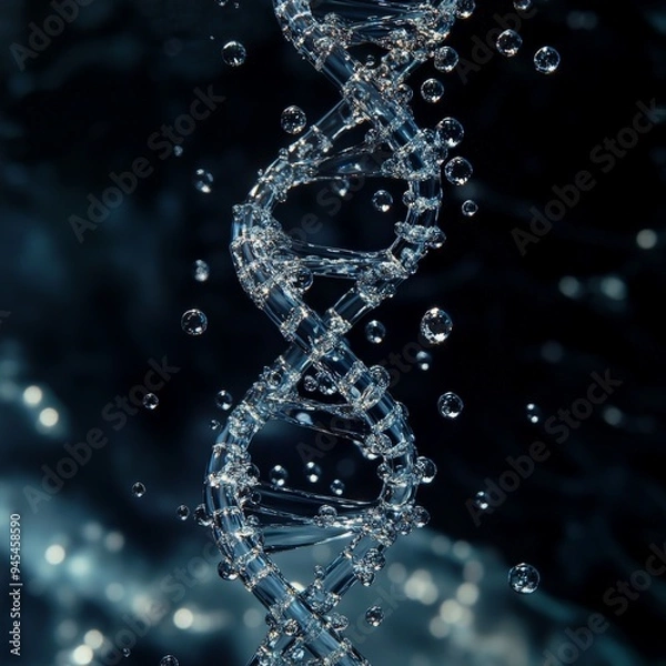 Fototapeta A detailed 3D rendering of a DNA double helix structure submerged in water, surrounded by sparkling bubbles, representing science, biology, and genetic research.