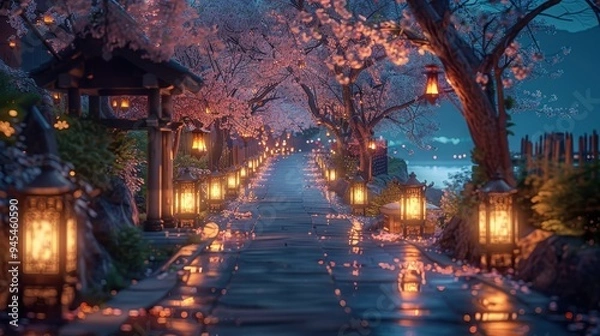Fototapeta A Pathway Through a Cherry Blossom Forest Illuminated by Lanterns at Dusk