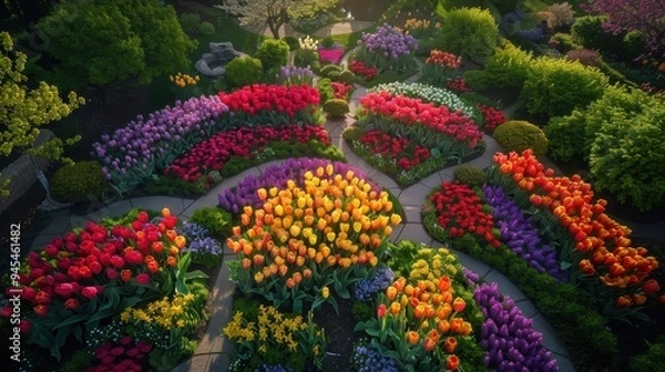 Fototapeta Colorful Tulip Garden with Winding Stone Paths