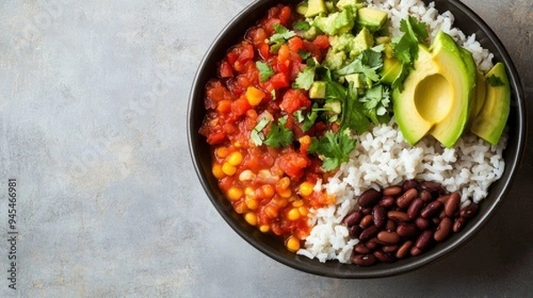 Fototapeta Top view of a Southwestern-inspired rice bowl with beans, avocado, and fresh salsa, with space for copy.
