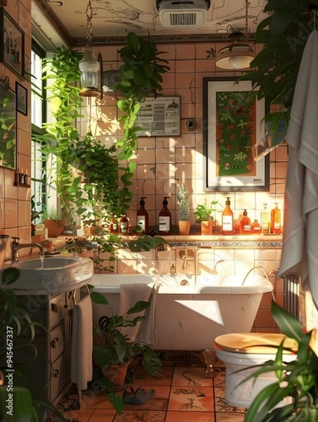Fototapeta Illustration of A stylish bathroom in cluttercore style, with trendy tiles, a plethora of vintage bottles, plants, and artistic clutter creating a cozy, lived-in feel. Ai Generate.
