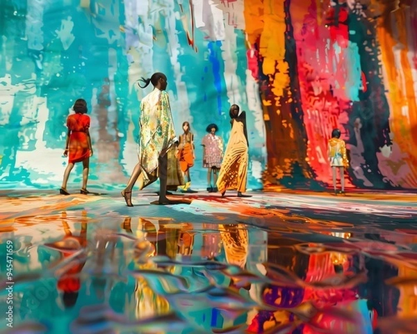 Fototapeta Illustration of A stylish fashion runway with models walking amidst a digitally collapsing background, vibrant colors distorting and fragmenting. Ai Generate.