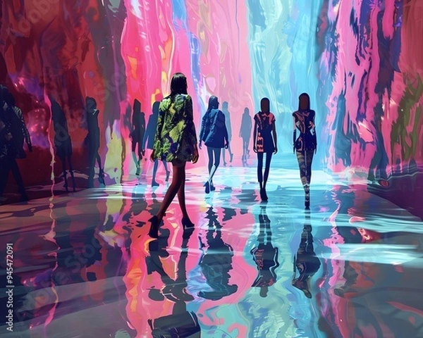 Obraz Illustration of A stylish fashion runway with models walking amidst a digitally collapsing background, vibrant colors distorting and fragmenting. Ai Generate.