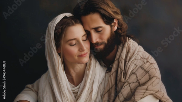 Obraz Jesus christ and Mary are hugging each other