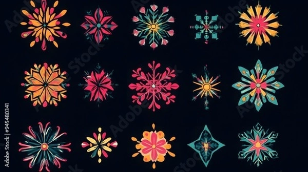 Fototapeta Christmas-themed snowflake vectors with bold patterns and bright colors
