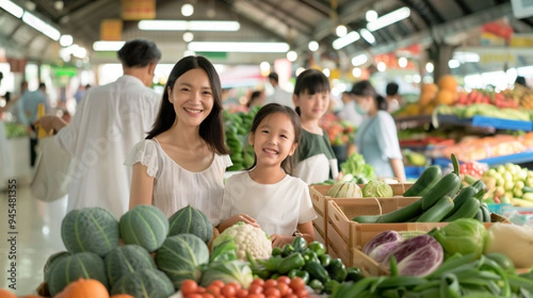Obraz Asian woman and a child are smiling at the camera in front of a vegetable stand