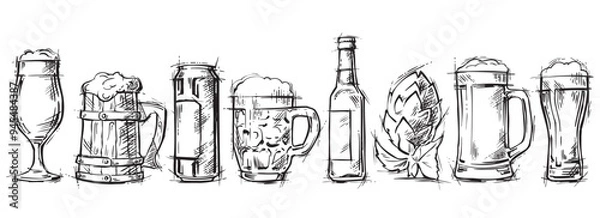 Fototapeta Set of beer glasses, mugs and bottle. Beer house. Sketch vector engraving illustration for web, poster, invitation to party. Hand drawn design element isolated on white background.