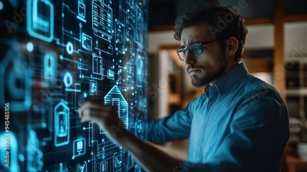 Obraz Man Interacting with Smart Home Technology Interface