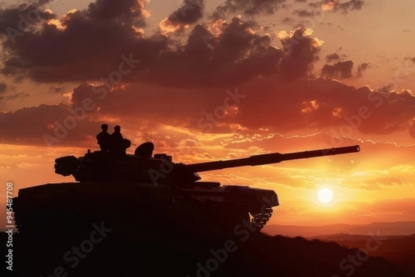 Fototapeta MIlitary tank against the sunset sky with clouds A military tank cannon on the background of a sunset sky with clouds. The concept of war. Military concept. Infantry troops. Silhouettes of tanks on a 