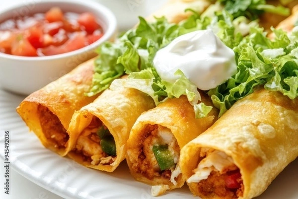 Fototapeta A plate of crispy taquitos topped with lettuce, sour cream, and served with salsa.