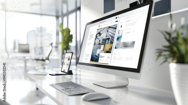 Fototapeta Modern computer display on an office desk with a web design studio concept page. Web design company presentation