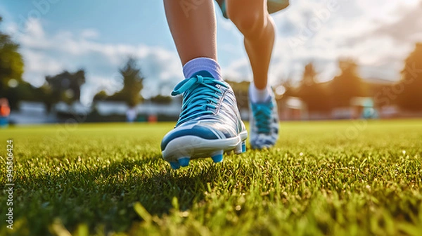 Obraz Boy Running on Grass Field with Soccer Cleats. Closeup image on Soccer Boots.