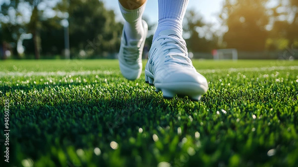 Obraz Boy Running on Grass Field with Soccer Cleats. Closeup image on Soccer Boots.