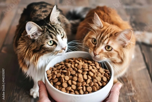 Obraz Cat food and two cats A large bowl with cat food, and two curious cats looking at it