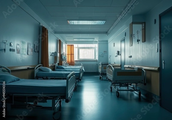 Fototapeta Hospital Corridor with Empty Beds