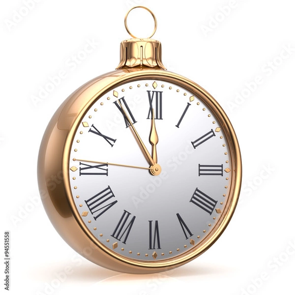 Obraz New Year's Eve clock midnight countdown Christmas ball decoration bauble ornament golden sparkly. Traditional wintertime happy holidays beginning time future hour symbol adornment. 3d render isolated
