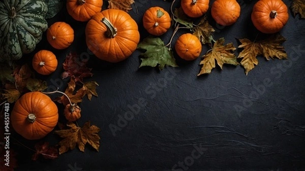 Fototapeta Image of numerous pumpkins and autumn leaves arranged aesthetically on a dark surface, representing the fall season.