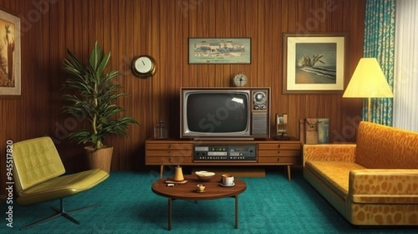 Fototapeta Vintage Living Room with Retro Decor and Old Television for Nostalgic Vibes in Stock Photography