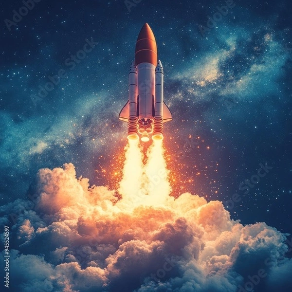 Fototapeta Rocket Launch Through Clouds Against Starry Night Sky