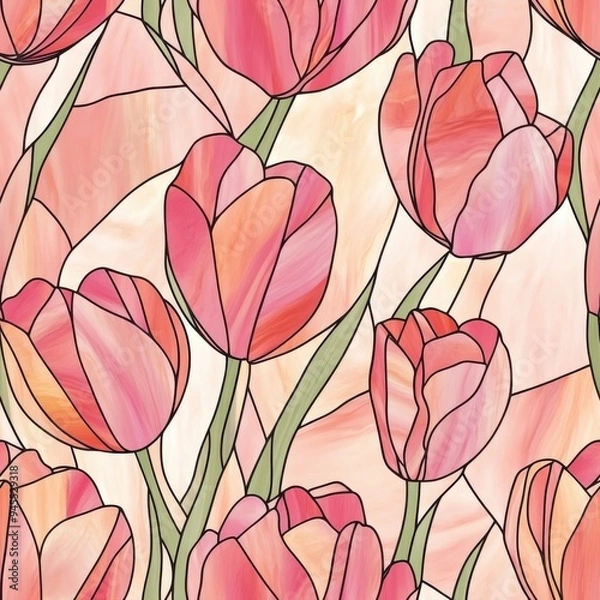 Fototapeta Pink stained glass style tulip bouquet pattern, seamless repeating pattern, minimal pattern, ideal for fashion accessories, greeting cards, upholstery, notebook covers, and custom prints 