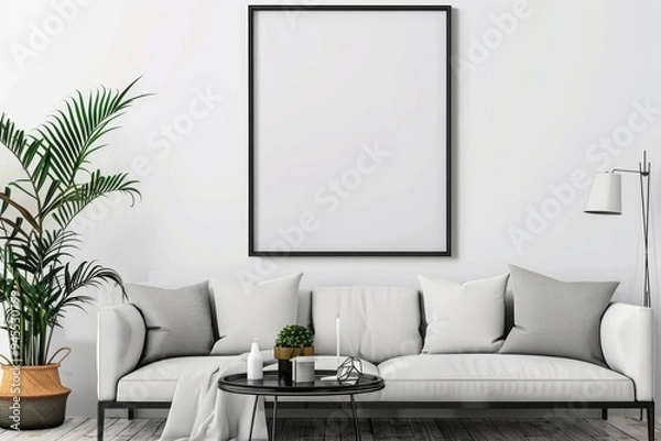 Fototapeta A cozy living room with a white couch and a plant, perfect for relaxing or reading a book