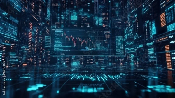 Obraz Futuristic data analytics environment showcasing dynamic graphs and digital information in a vibrant, high-tech space.
