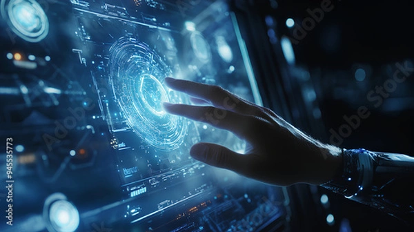 Fototapeta Close-up image of a person's hand interacting with a futuristic screen.