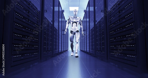 Obraz Futuristic AI Robot Walking In A Modern Server Room. Technology Related 3D Render.