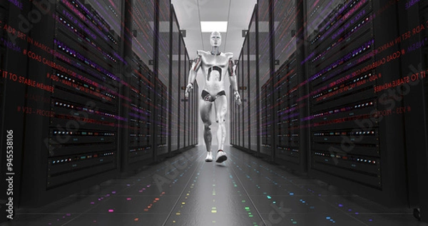 Obraz AI Robot Checking Servers In A Futuristic Data Center. Technology Related 3D Render.
