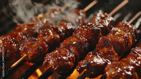 Obraz Close-up of succulent lamb skewers grilling with visible smoke and a crispy, caramelized outer layer, emphasizing the rich texture and flavors of perfectly grilled meat.