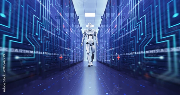 Obraz AI Controlled Server Room. High Tech Robot Walking Confidently. Technology Related 3D Render.