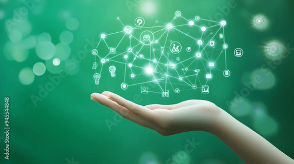 Fototapeta Technology, holding hands with environmental Icons via Network connection on green background