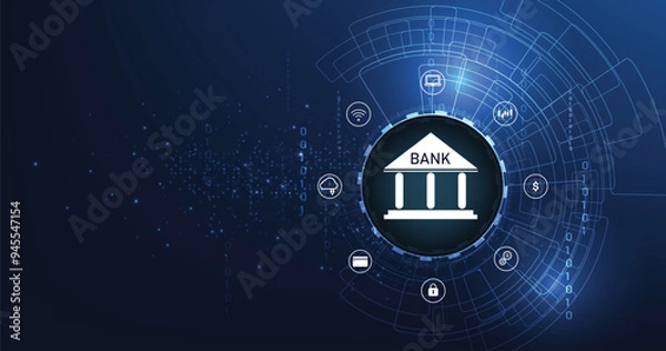 Fototapeta Online banking technology concept.Isometric illustration of bank on electric circuit lines background.Digital connect system.Financial technology concept.Vector illustration.EPS 10.	