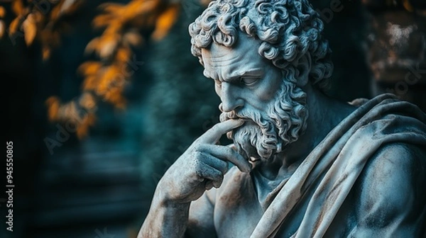 Fototapeta Thoughtful marble statue of a philosopher in a serene garden setting