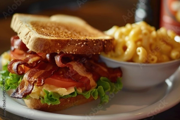 Fototapeta A simple lunch plate featuring a sandwich and a bowl of macaroni and cheese