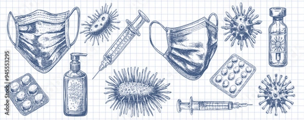 Obraz Medical items and viruses. Vector illustrations of various medical items such as masks, syringes, pills, antiseptic and viruses, hand-drawn