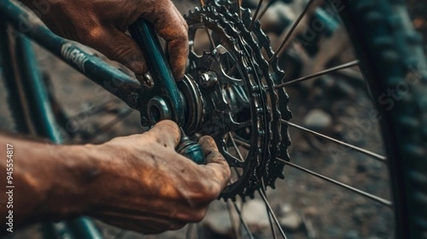 Fototapeta Close-up of hands adjusting or repair a bicycle system, ensuring it functions smoothly in a shop.