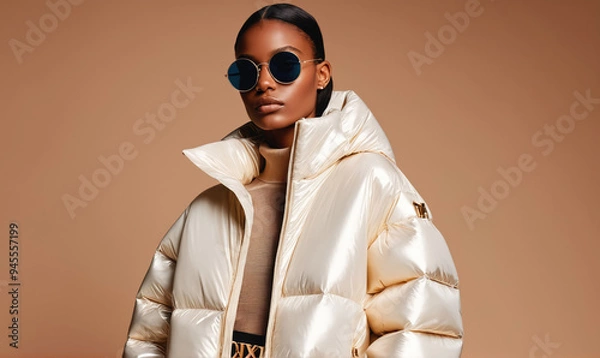 Obraz A woman wears a white puffer jacket with a hood, looking directly at the camera