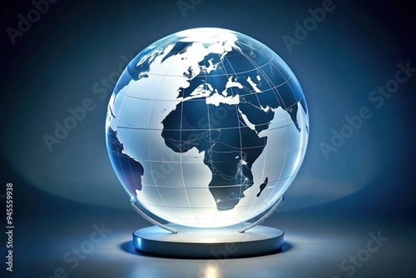 Fototapeta Sleek white globe with illuminated continents and oceans on a clean white background, symbolizing modern global connectivity and international communication.