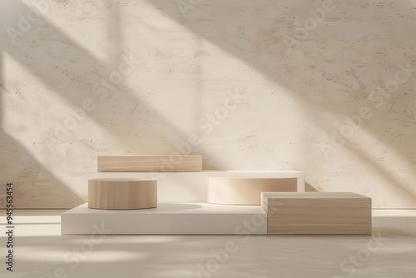 Obraz Empty podium product showcase, platform, stand with sunlight and shadow Empty podium product showcase, platform, stand with sunlight and shadow