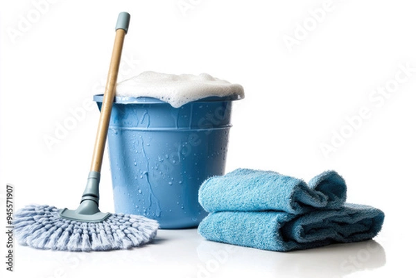 Obraz A mop bucket with water and foam, a mop, and a cleaning cloth on a white background.