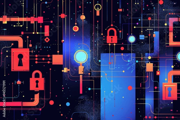 Fototapeta Cryptographic keys depicted in a pop art aesthetic, decrypting, amidst vibrant digital backdrops.	