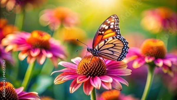 Fototapeta Butterfly resting on a vibrant flower, butterfly, flower, nature, colorful, beautiful, insect, wings, pollination, garden