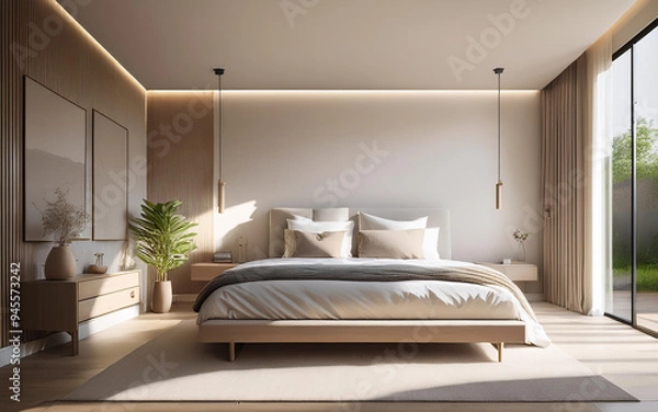 Fototapeta Modern Minimalist Bedroom Design with Neutral Tones and Natural Lighting Featuring Wooden Elements, Clean Lines, and a Calming, Contemporary Atmosphere.

