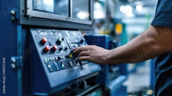 Obraz Worker adjusting settings on a production machine control panel