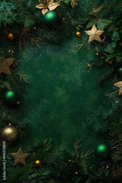 Obraz A green background with gold and green decorations including stars and balls