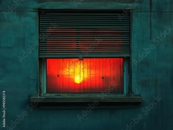 Fototapeta Sunset through an old window with blinds in a rustic setting.