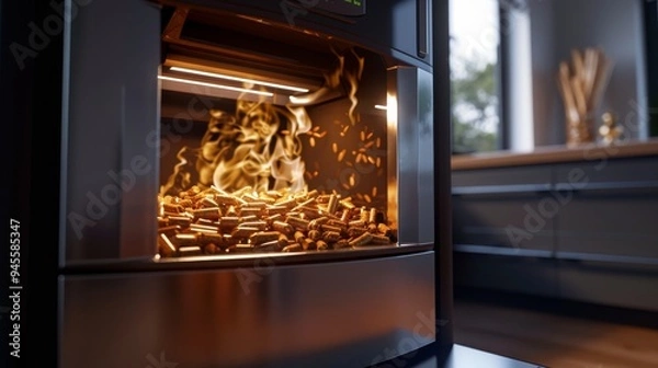 Fototapeta Wood pellet stove displaying burning pellets through a transparent window for optimal visibility