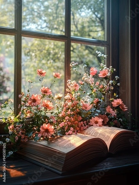 Fototapeta Open book with flowers growing in front of a window with autumn landscape