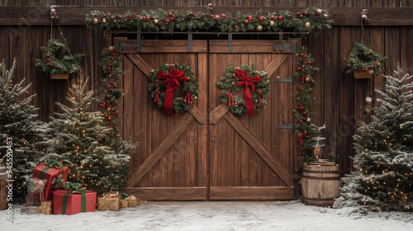 Obraz Rustic wooden barn doors adorned with Christmas wreaths, surrounded by decorated trees and festive presents in a snowy setting.